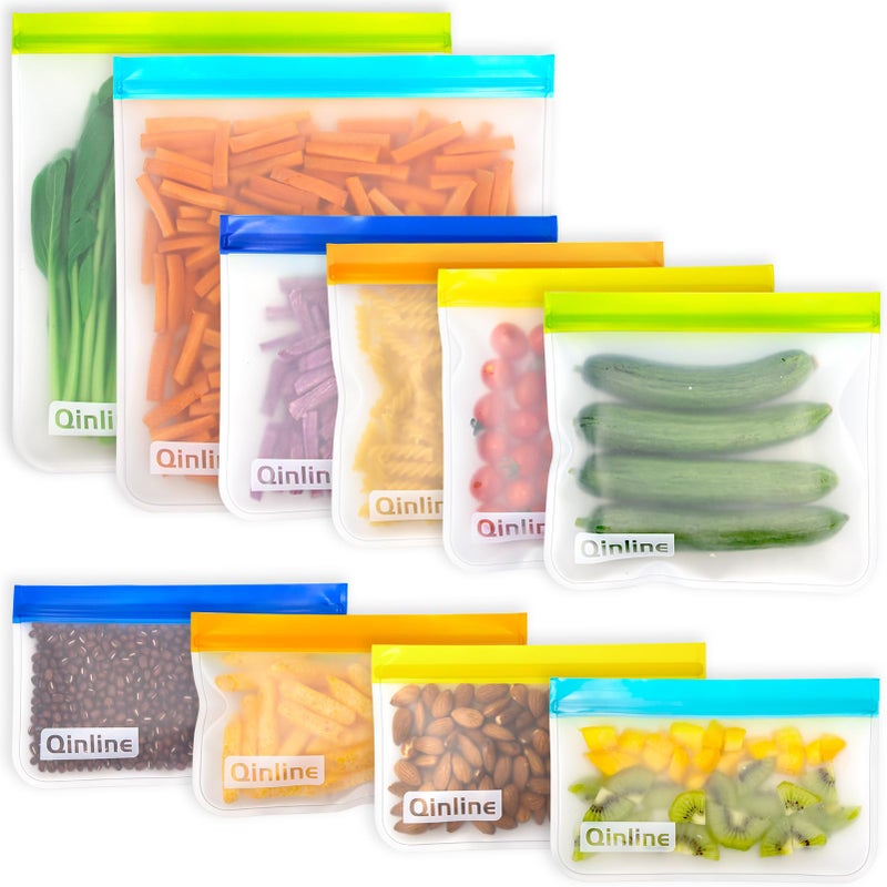 Qinline Reusable Food Storage Bags - 10 Pack Freezer Bags, Reusable Bags Silicone, Extra Thick Leakproof Reusable Lunch Bag for Salad Fruit Snack Travel - 2 Gallon 4 Sandwich 4 Snack Bags - Image 1